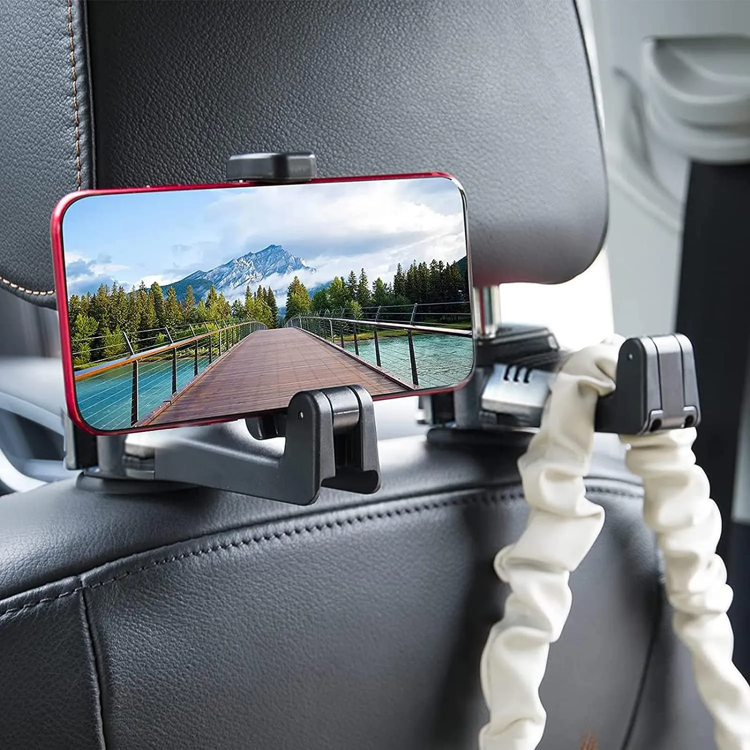 2 In 1 Headrest Hook And Phone Holder Black