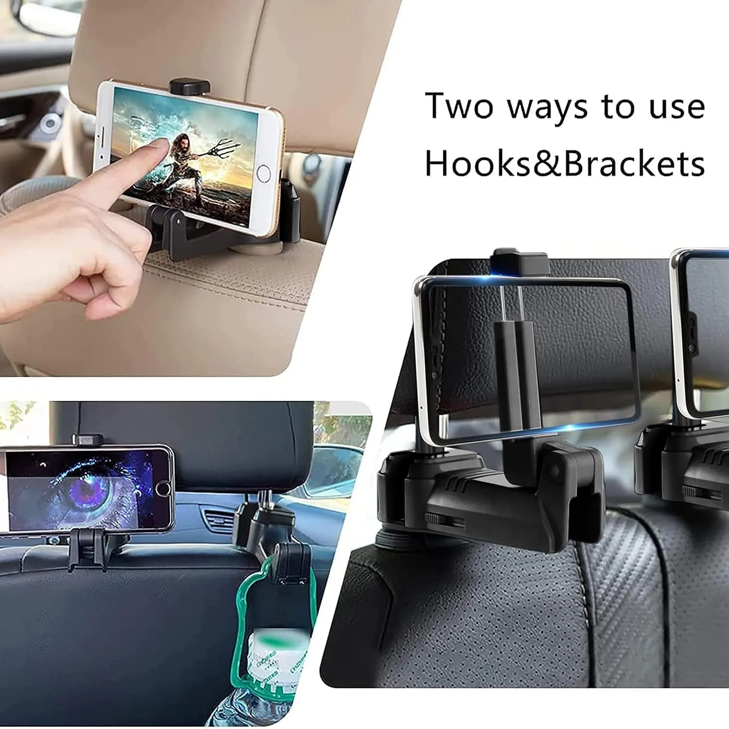 2 In 1 Headrest Hook And Phone Holder Black