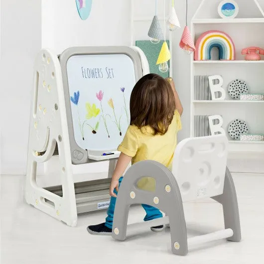 2 in 1 Kids Easel Desk Chair Set Book Rack Adjustable Art Painting Board-Gray