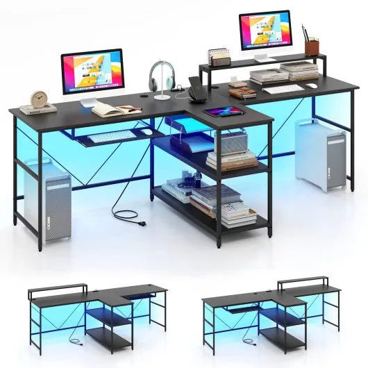 2-Person Reversible Computer Desk Long Office Desk with LED Lights-Black