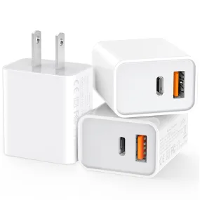 3 Pack USB C Wall Charger, 20W Durable Dual Port QC PD 3.0 Power Adapter, Double Fast Plug Charging Block for iPhone 13/14/15/16/16 Pro/Pro Max/Plus, XS/XR/X, Watch Series 8/7 Cube，White