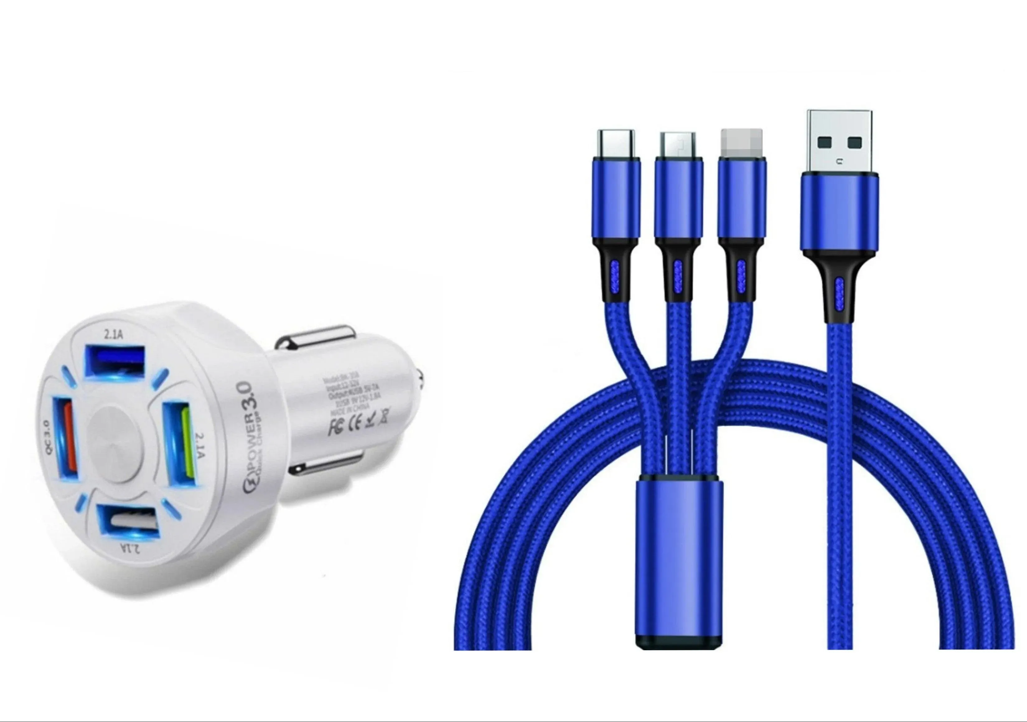 4 Port LED Car Charger   3 in 1 Cable Combo