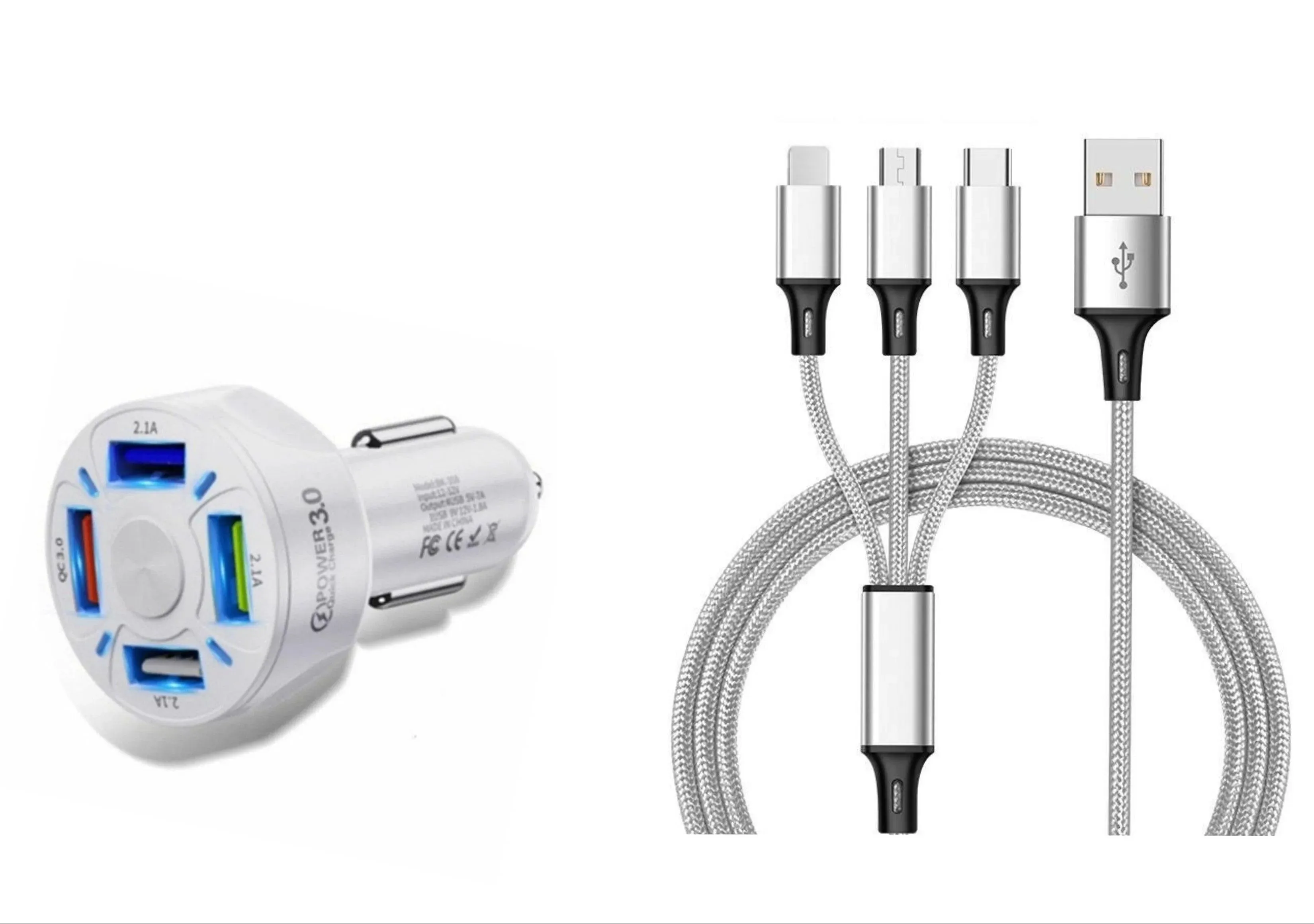 4 Port LED Car Charger   3 in 1 Cable Combo