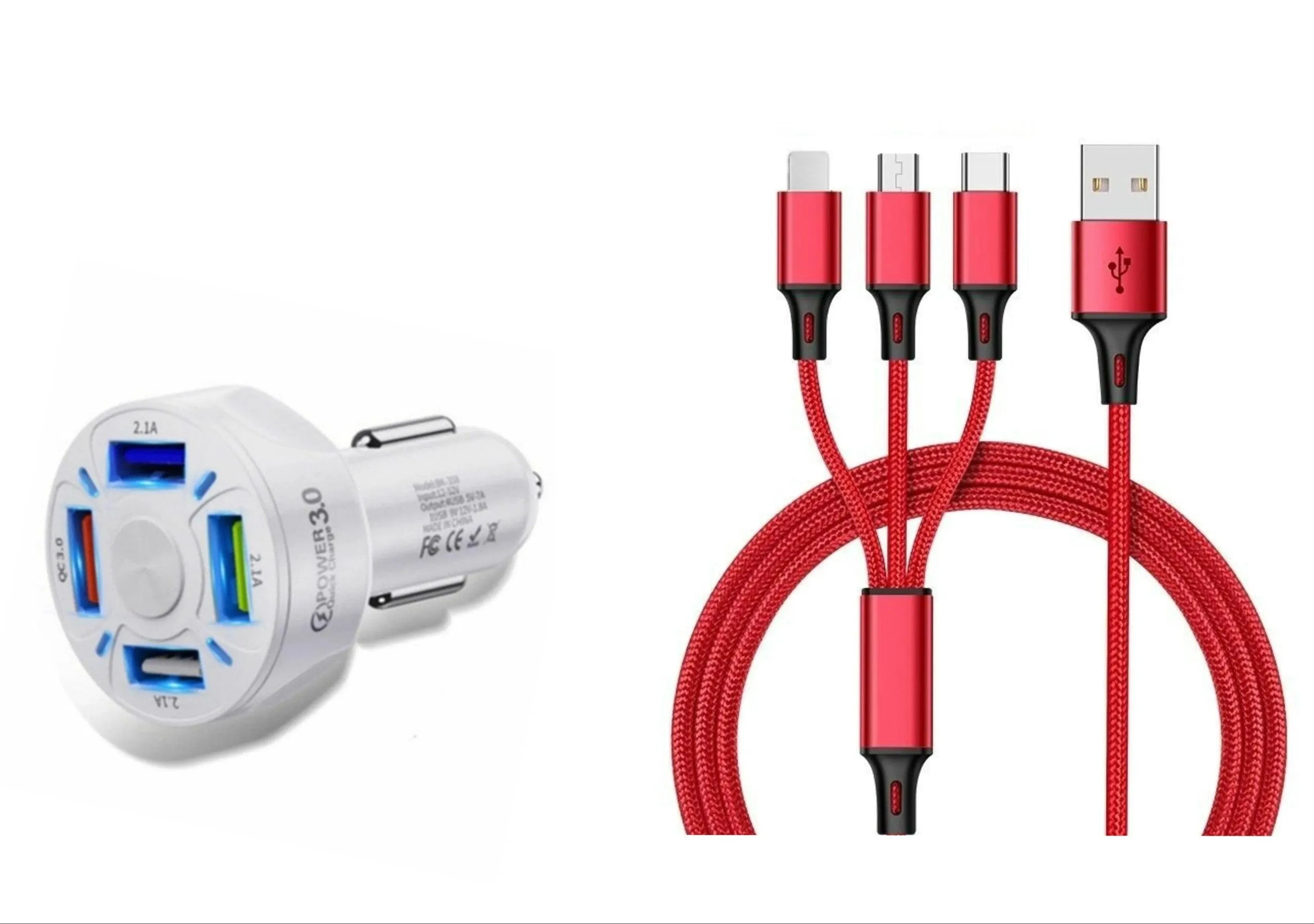 4 Port LED Car Charger   3 in 1 Cable Combo