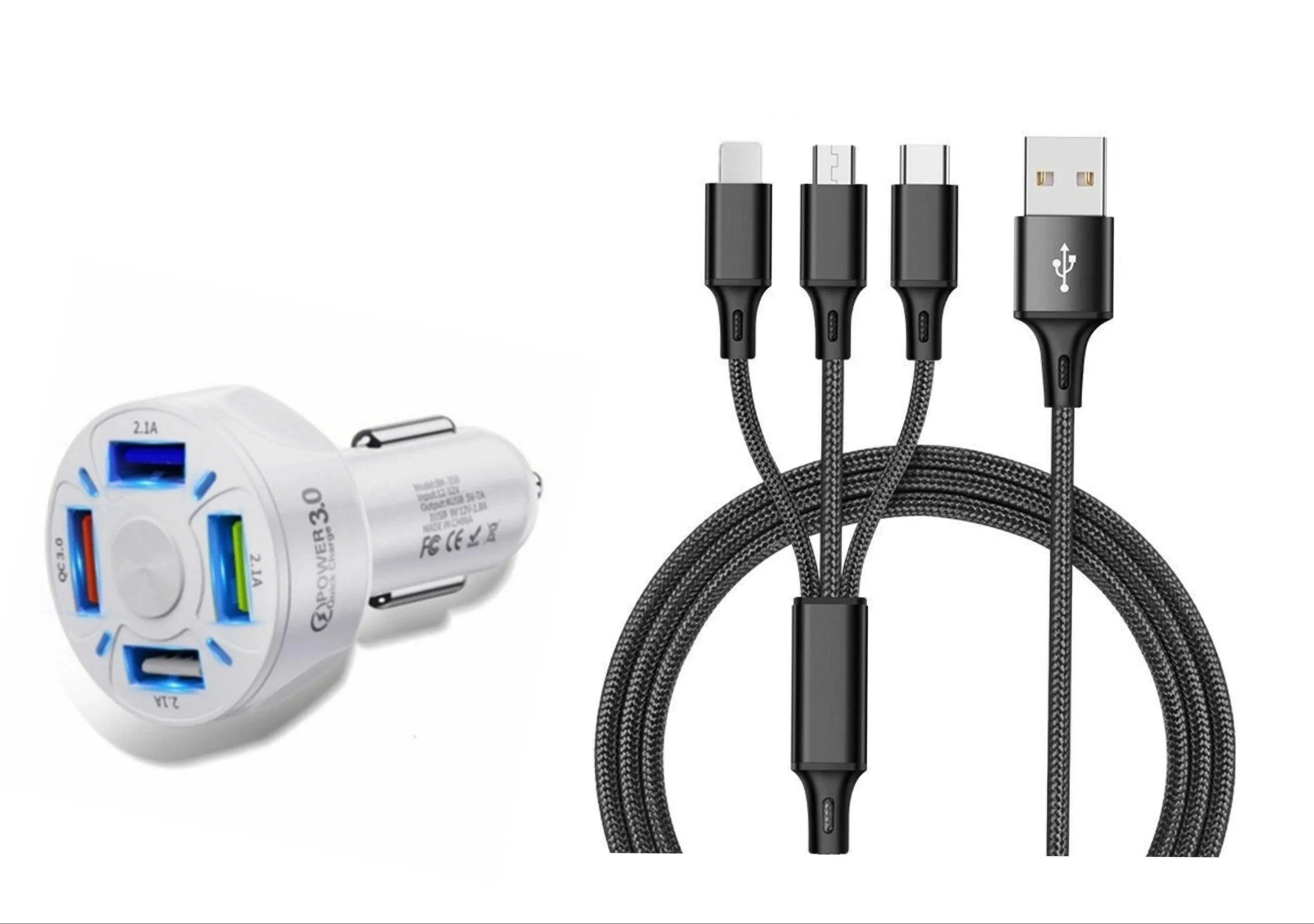 4 Port LED Car Charger   3 in 1 Cable Combo