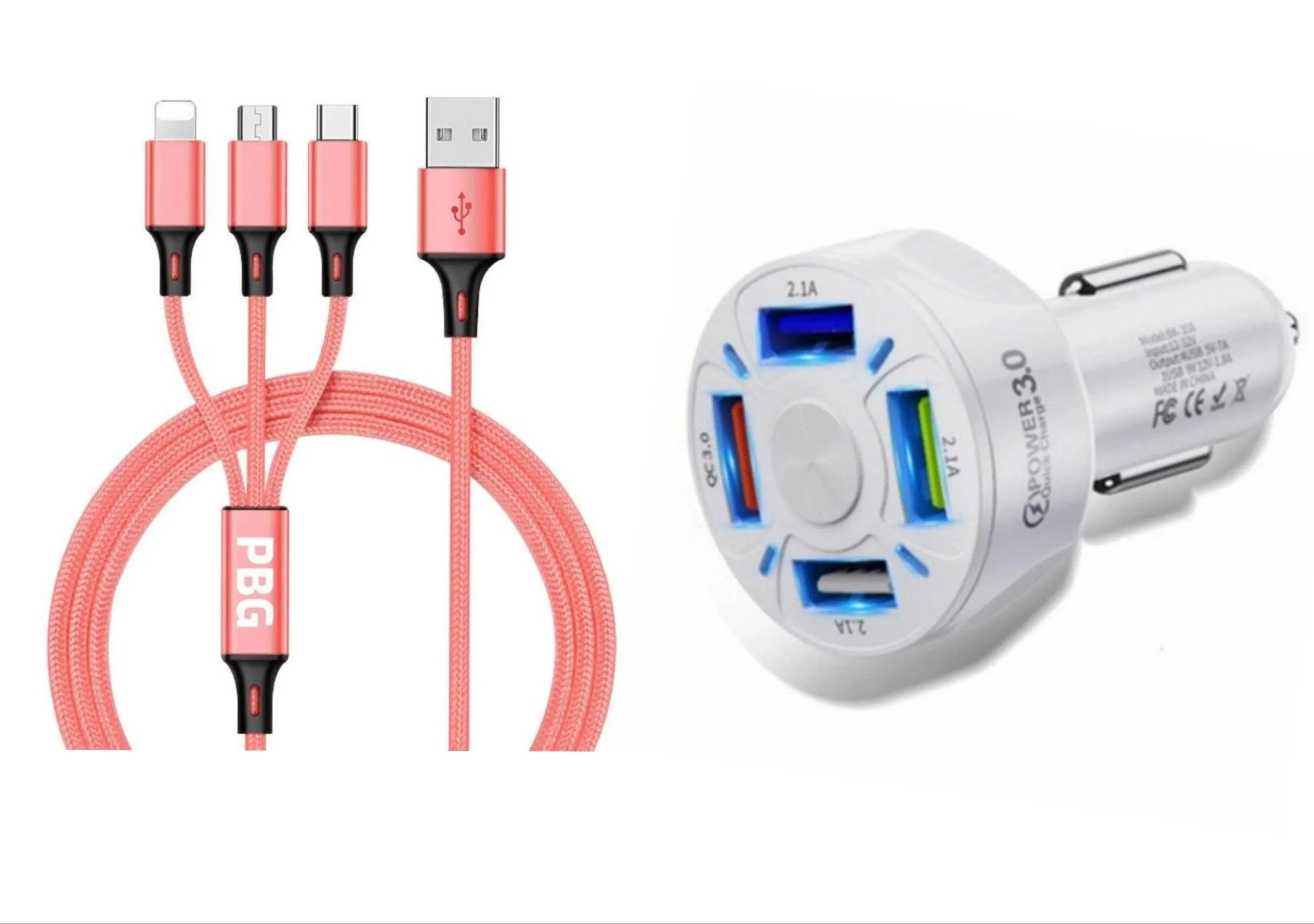 4 Port LED Car Charger   3 in 1 Cable Combo