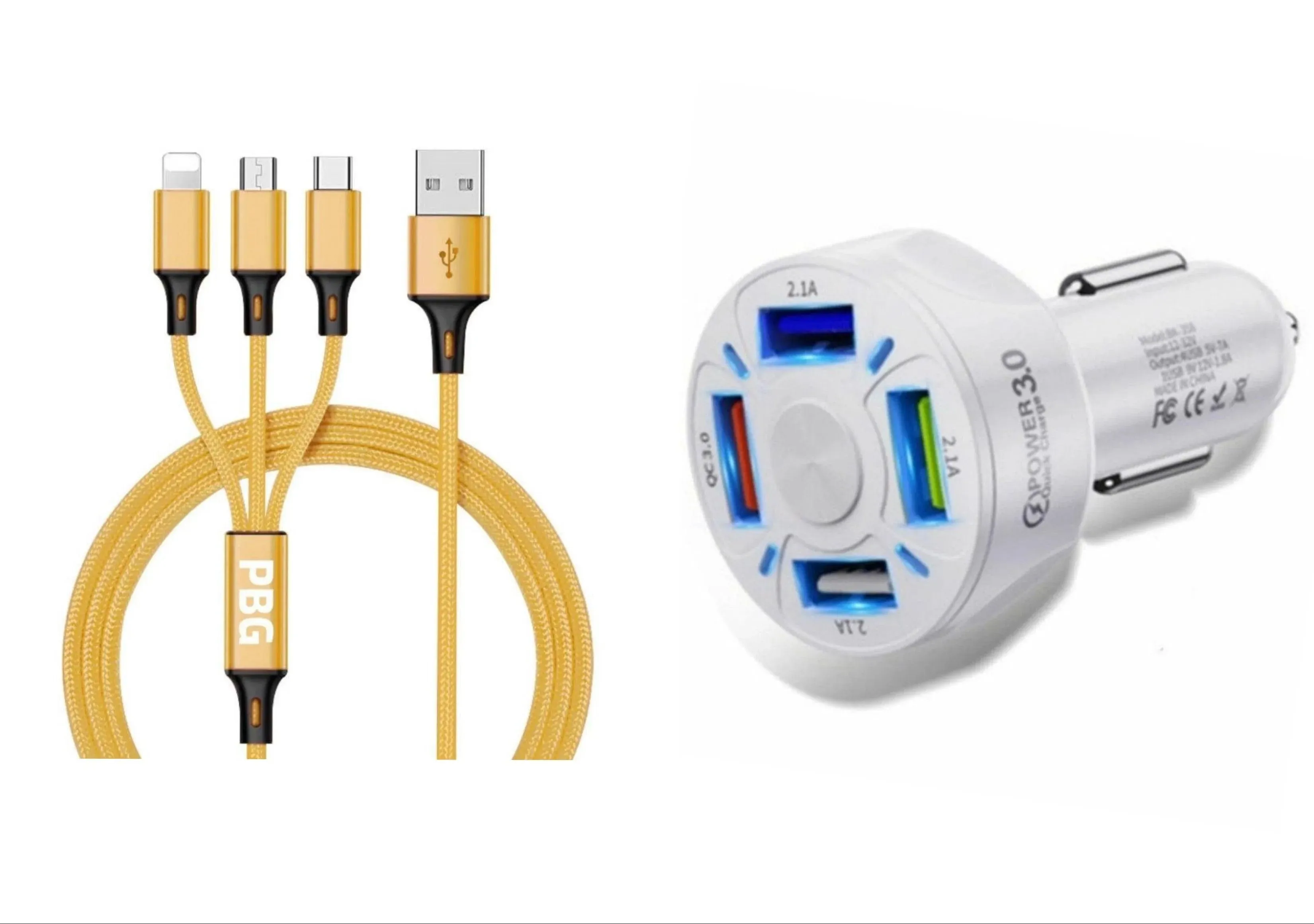 4 Port LED Car Charger   3 in 1 Cable Combo