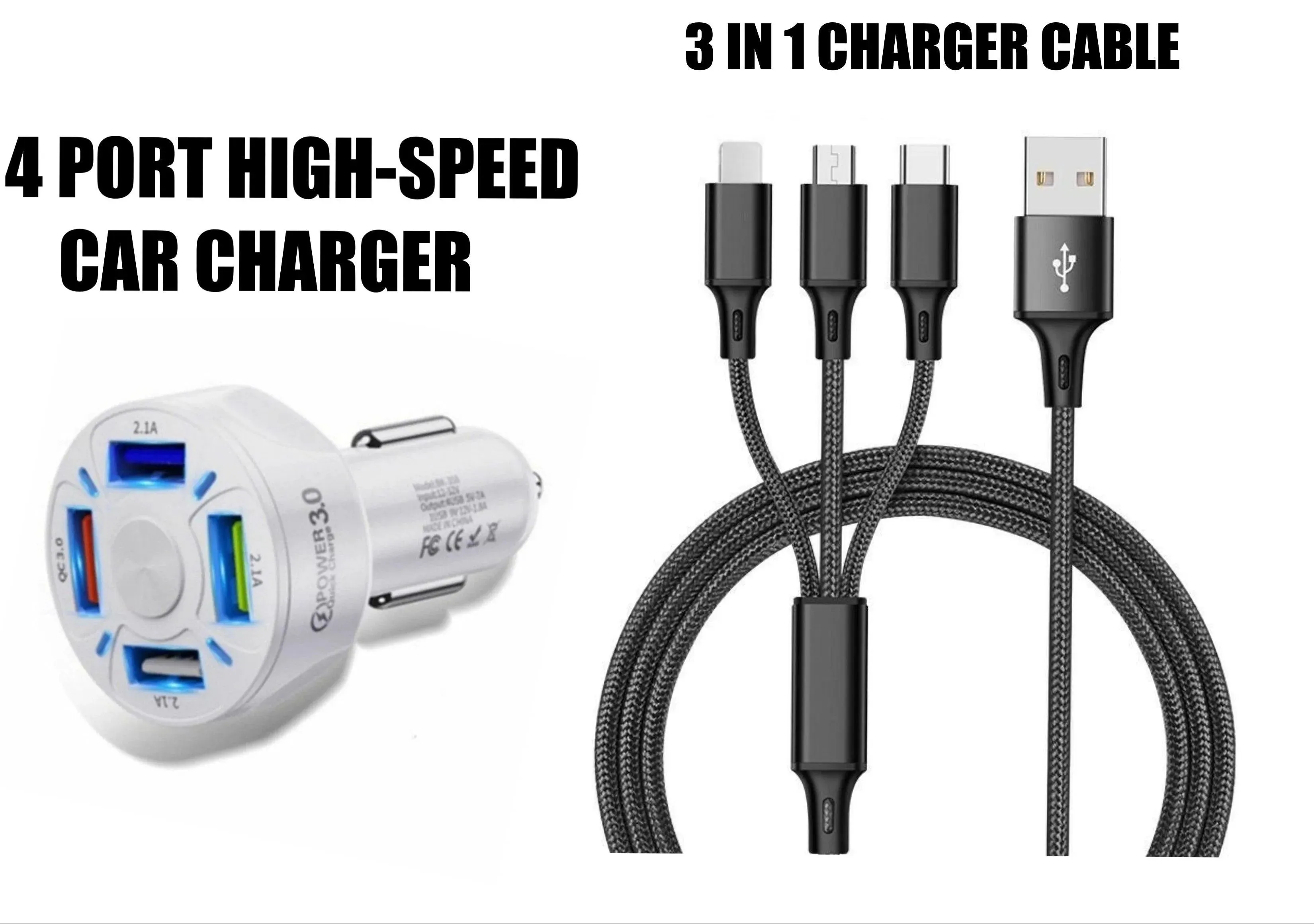 4 Port LED Car Charger   3 in 1 Cable Combo