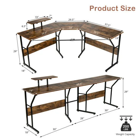 88.5 Inch L Shaped Reversible Computer Desk Table with Monitor Stand-Rustic Brown