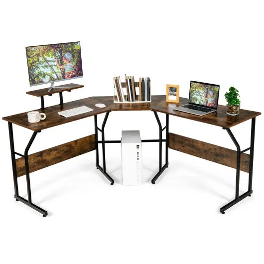 88.5 Inch L Shaped Reversible Computer Desk Table with Monitor Stand-Rustic Brown