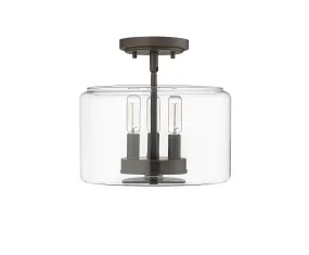 Asheville Semi-Flush Mount Fixture - Rubbed Bronze - Clear Glass - 11in. Diameter - E12 Candelabra Base