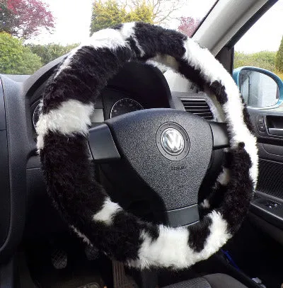 Black and White Cow print fuzzy faux fur car steering wheel cover furry and fluffy