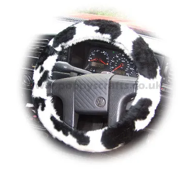 Black and White Cow print fuzzy faux fur car steering wheel cover furry and fluffy