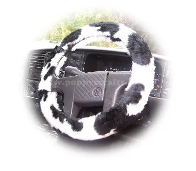 Black and White Cow print fuzzy faux fur car steering wheel cover furry and fluffy