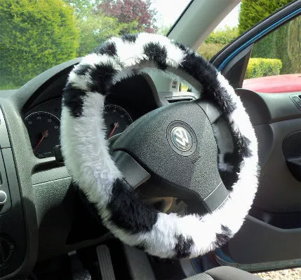 Black and White Cow print fuzzy faux fur car steering wheel cover furry and fluffy