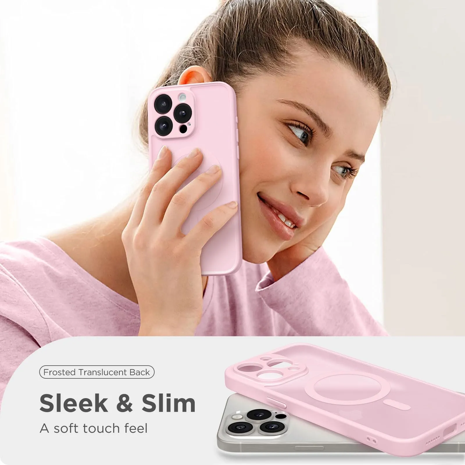 CAPRARO Magnetic for iPhone 15 Pro Max Case, [Compatible with MagSafe] [Full Camera Protection] [14FT Drop Protection] Shockproof Protective Slim Translucent Phone Case, Pastel Pink