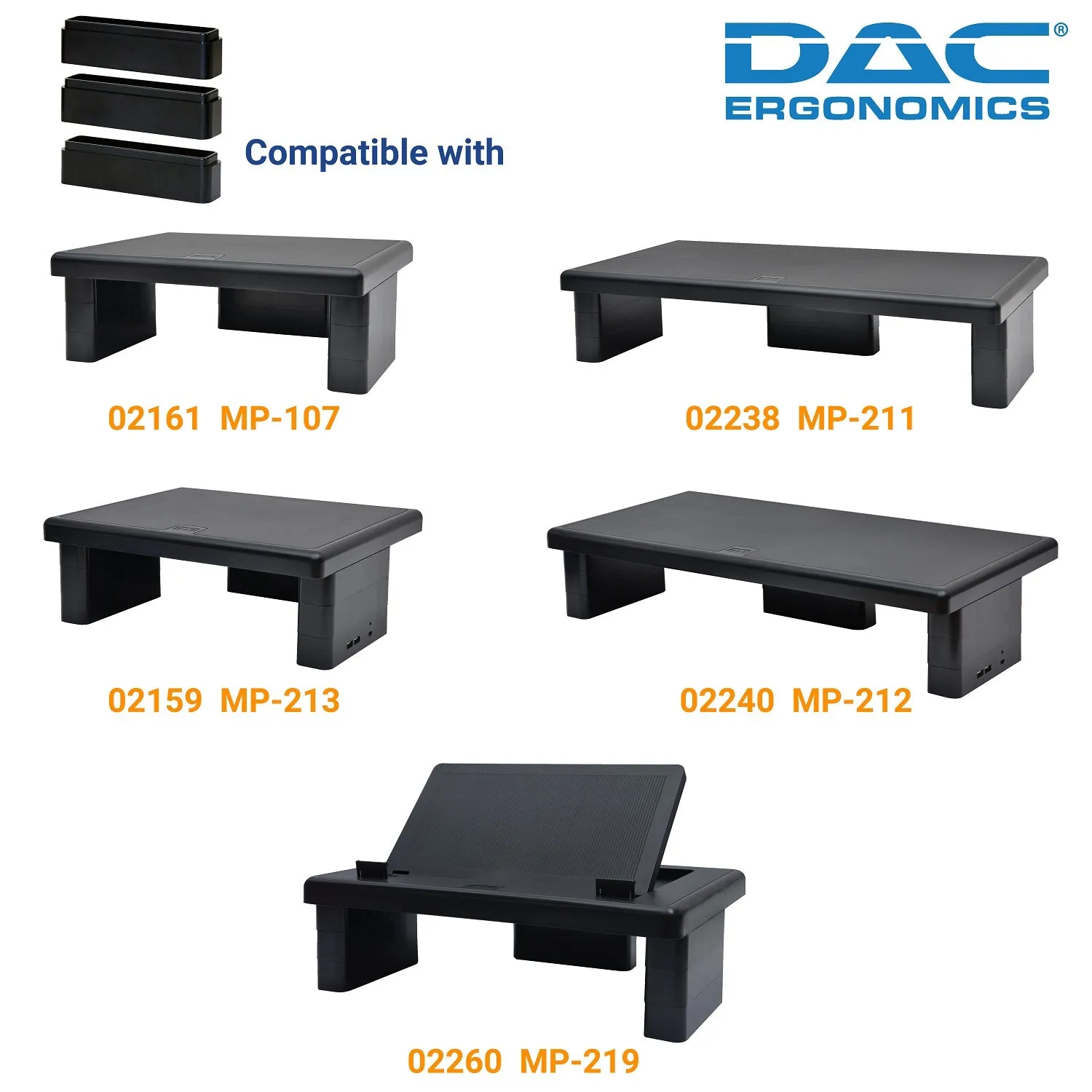 DAC® Stax™ MP-216 Ergonomic Height-Adjustable Monitor/Laptop Riser Blocks Kit, Black