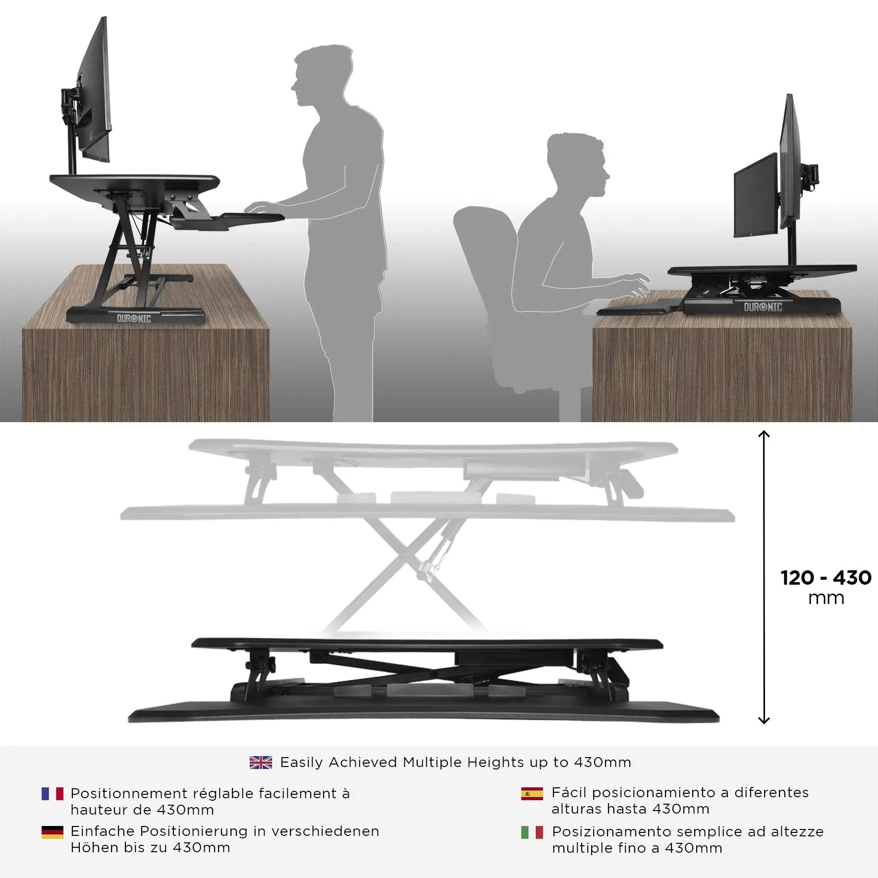 Duronic Sit-Stand Desk DM05D16 | Height Adjustable Office Workstation | 77x50cm Platform | Raises from 12-43cm | Riser for PC Computer Screen, Keyboard, Laptop | Ergonomic Desktop Table Converter