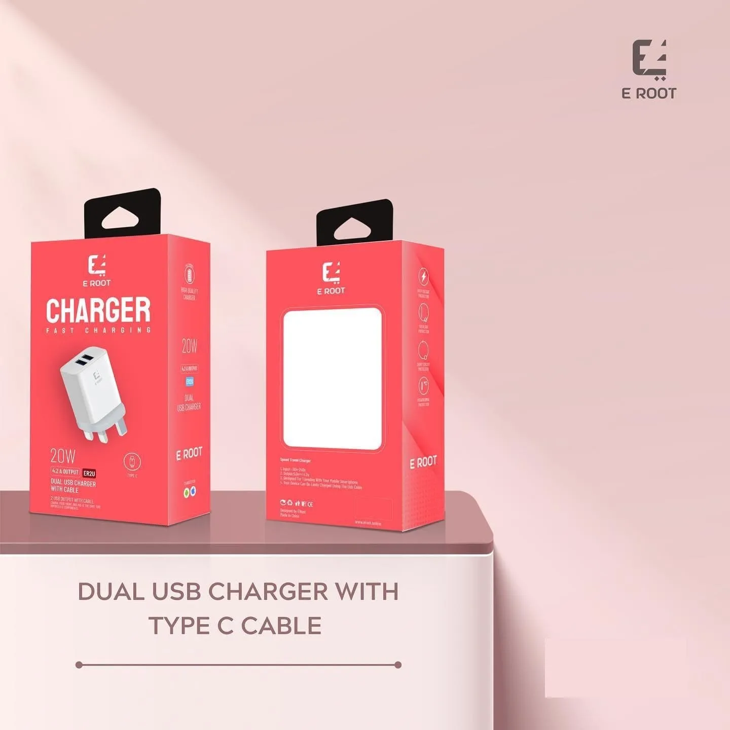 E-Root Dual usb charger with C-Type cable