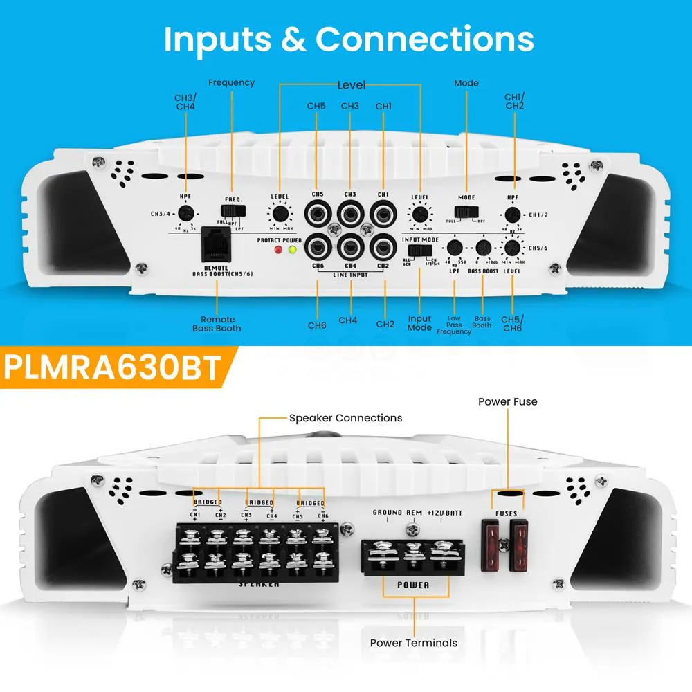 Elite Series Waterproof Bluetooth Amplifier, Bridgeable 2000 Watt 6-Channel Amp