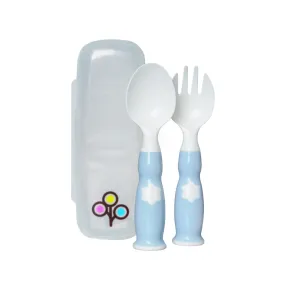 Ergonomic Fork & Spoon Set with Travel Case- Mist Blue