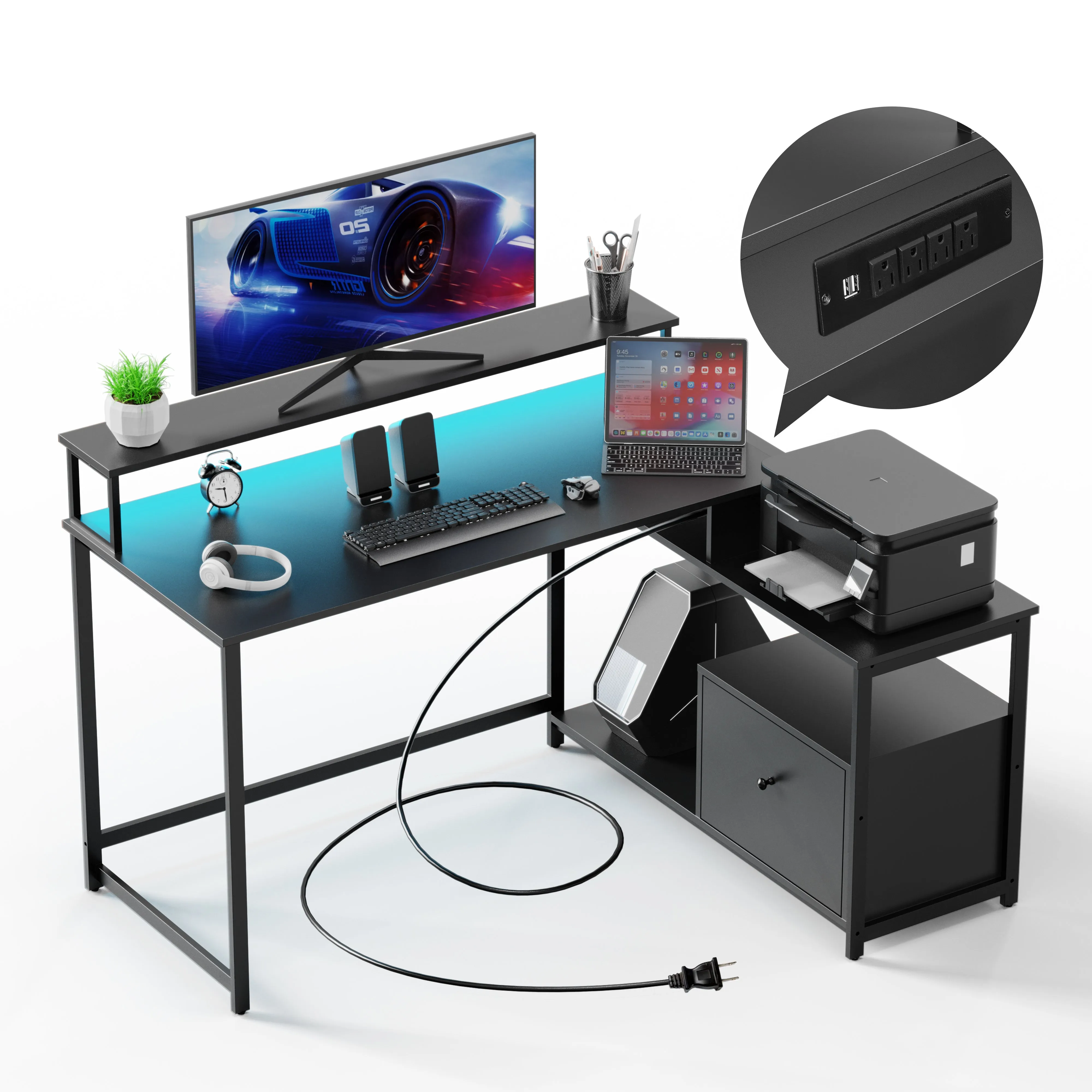 Evajoy Home Office Computer Desk with File Drawer, LED Strip, Ergonomic L-Shaped Gaming Desk 2024