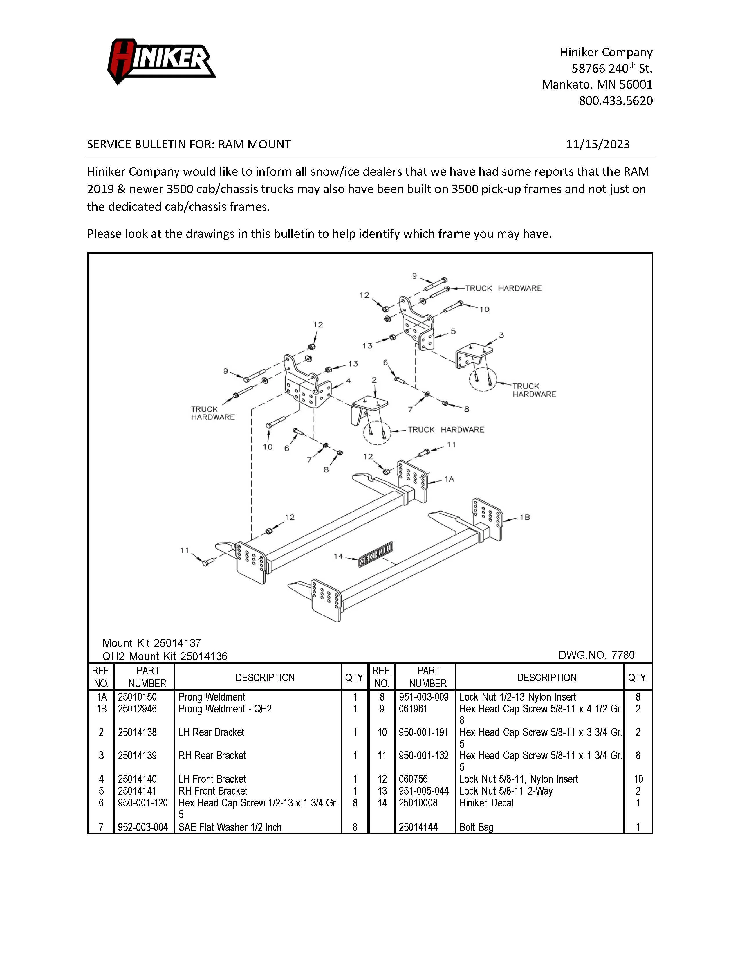 Hiniker Snowplow Mount - Quick Hitch 1 (QH1), 2019 & Newer Dodge/ Ram 4x4 3500-5500 Cab & Chassis, 25014137