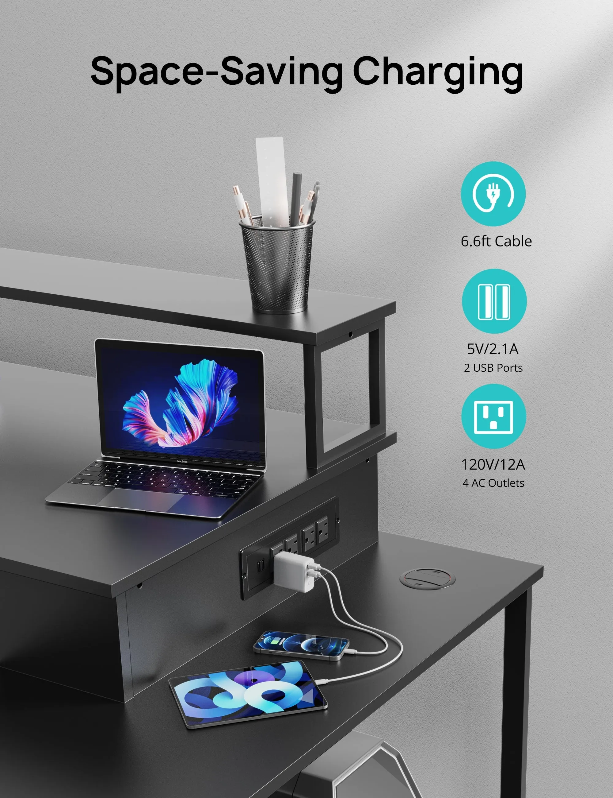 Home Office Computer Desk with File Drawer, LED Strip, Ergonomic L-Shaped Gaming Desk