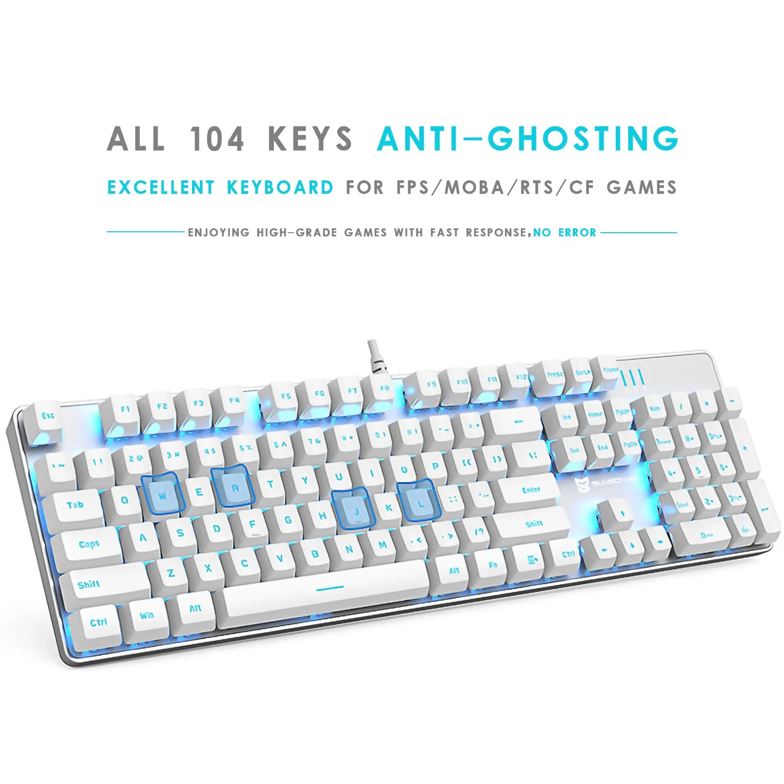 J9-Series Wired 104-Key Anti-Ghosting Blue Switch Mechanical Gaming Keyboard with Blue LED Backlit