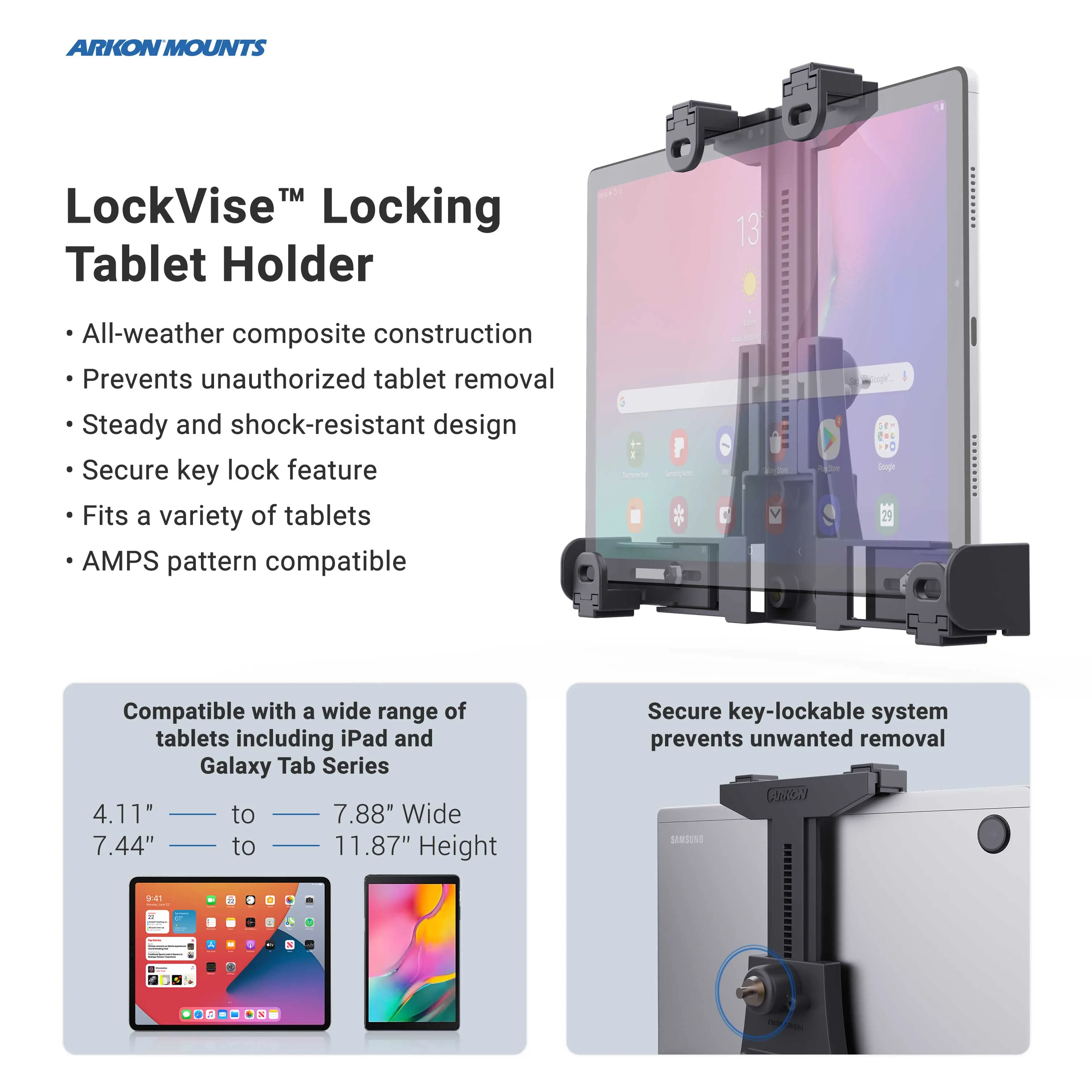 LockVise™ Locking Car Headrest Tablet Mount with Multi-Angle 8" Arm