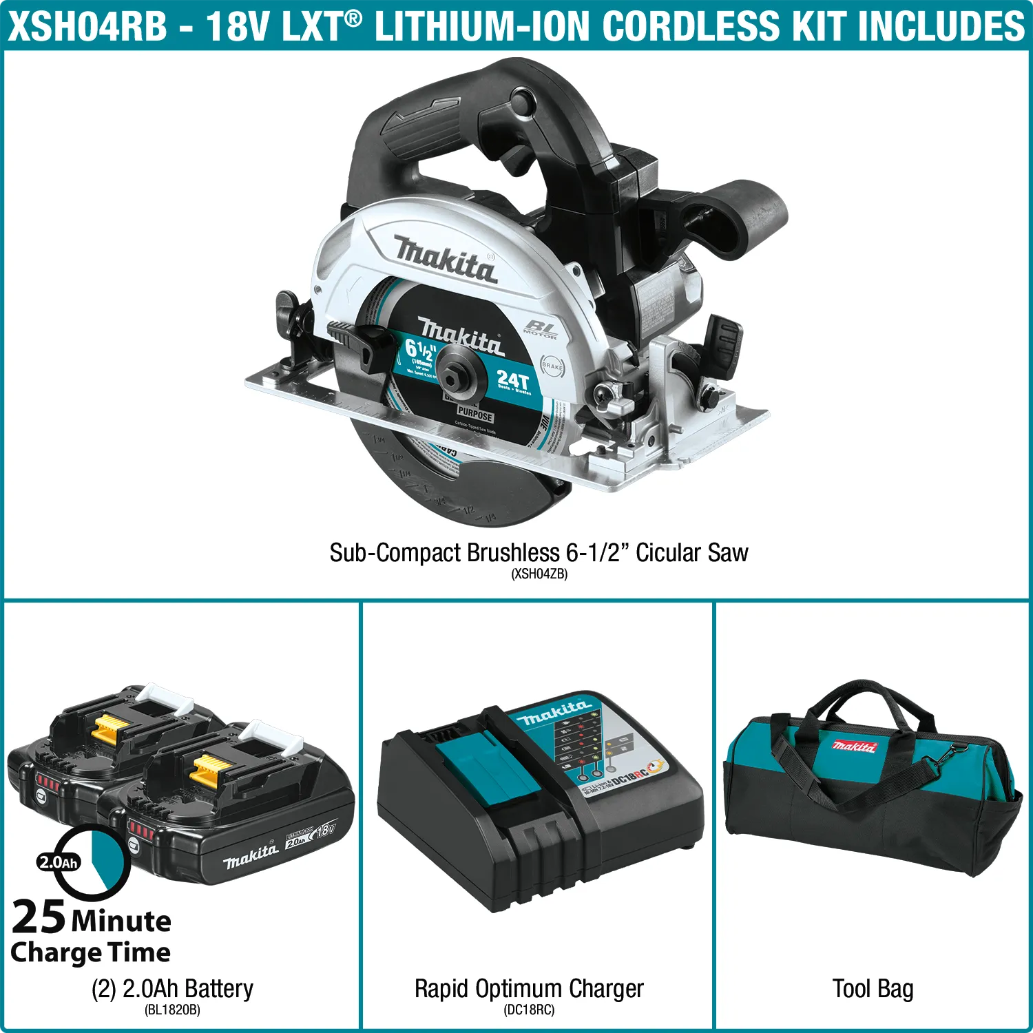 Makita (XSH04RB) 18V LXT® Sub-Compact Brushless 6-1/2” Circular Saw Kit (2.0Ah)