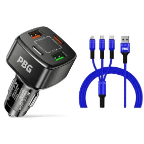 PBG 4 Port Car Charger and 4FT - 3 in 1 Nylon Cable Combo Blue