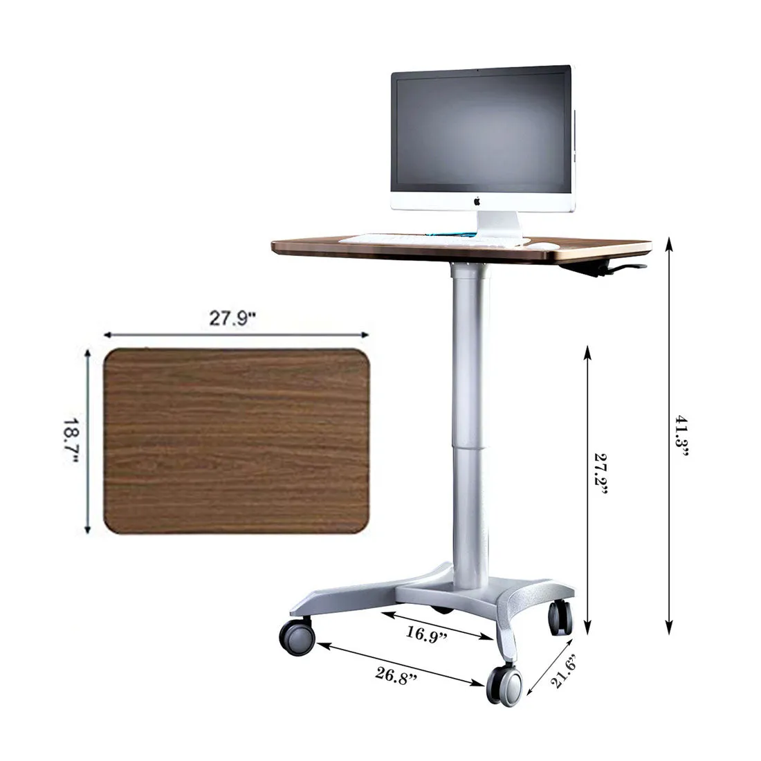 Pneumatic Adjustable Height Laptop Desk, Sit and Stand Mobile Laptop Computer Desk Cart, Ergonomic Design, Excellent Lectern for Classrooms, Offices, and Home, Silver (LPTR)