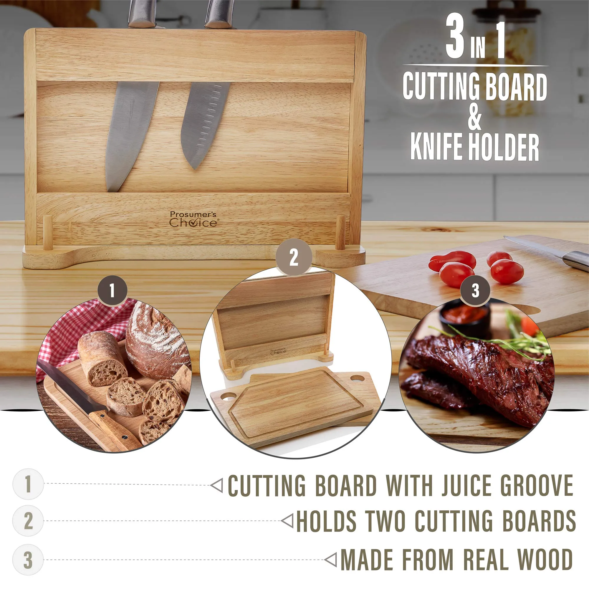 Prosumer's Choice Meat and Vegetable Cutting Boards and Included Stand with Built-In Knife