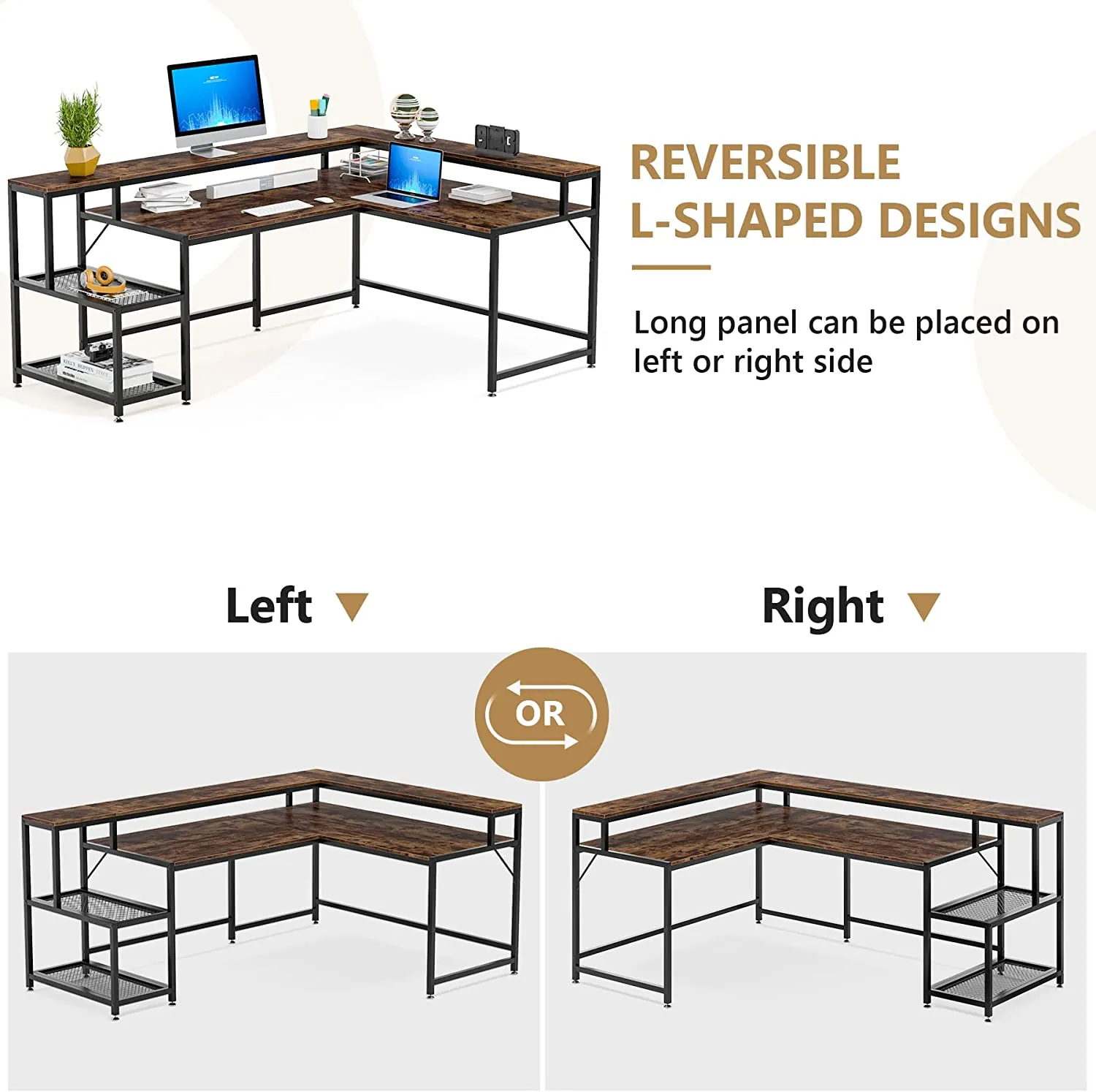 Reversible L-Shaped Desk, 69" Corner Desk with Monitor Stand & Shelves