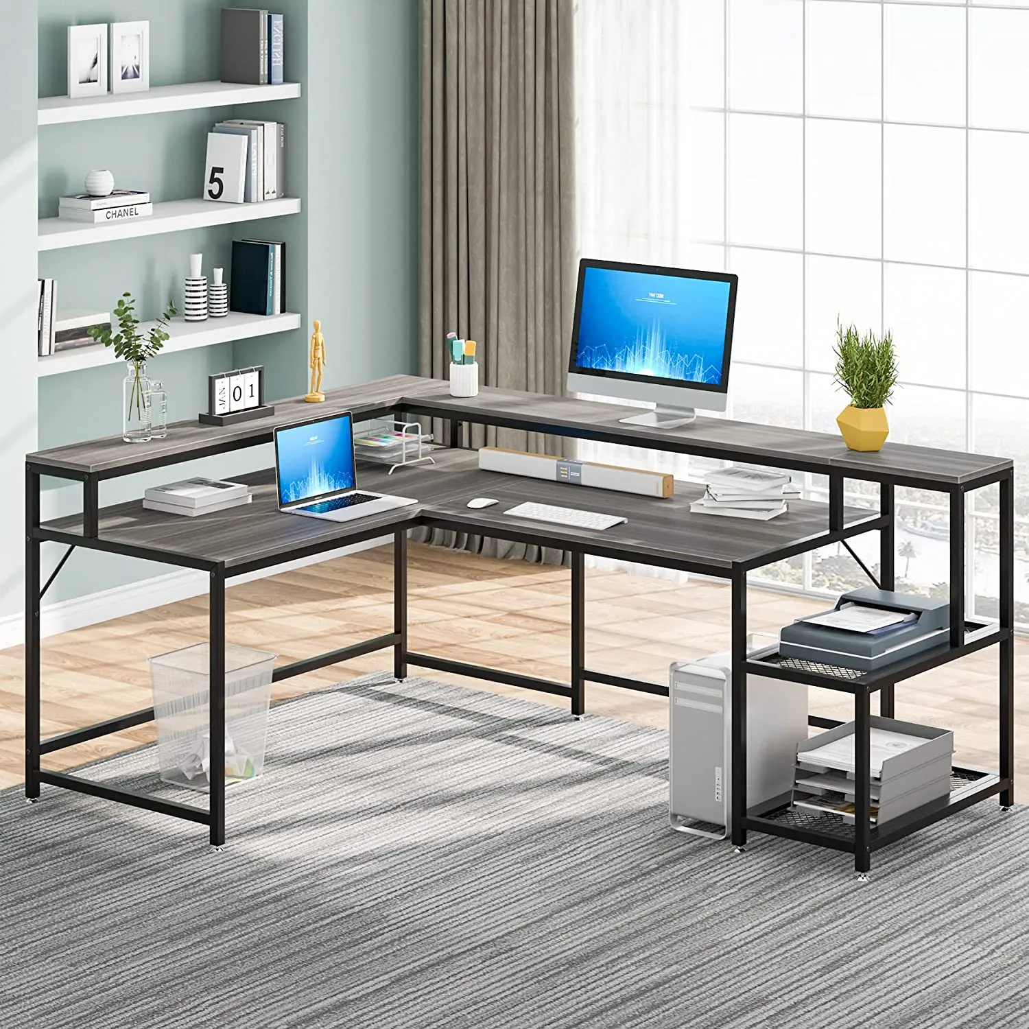 Reversible L-Shaped Desk, 69" Corner Desk with Monitor Stand & Shelves