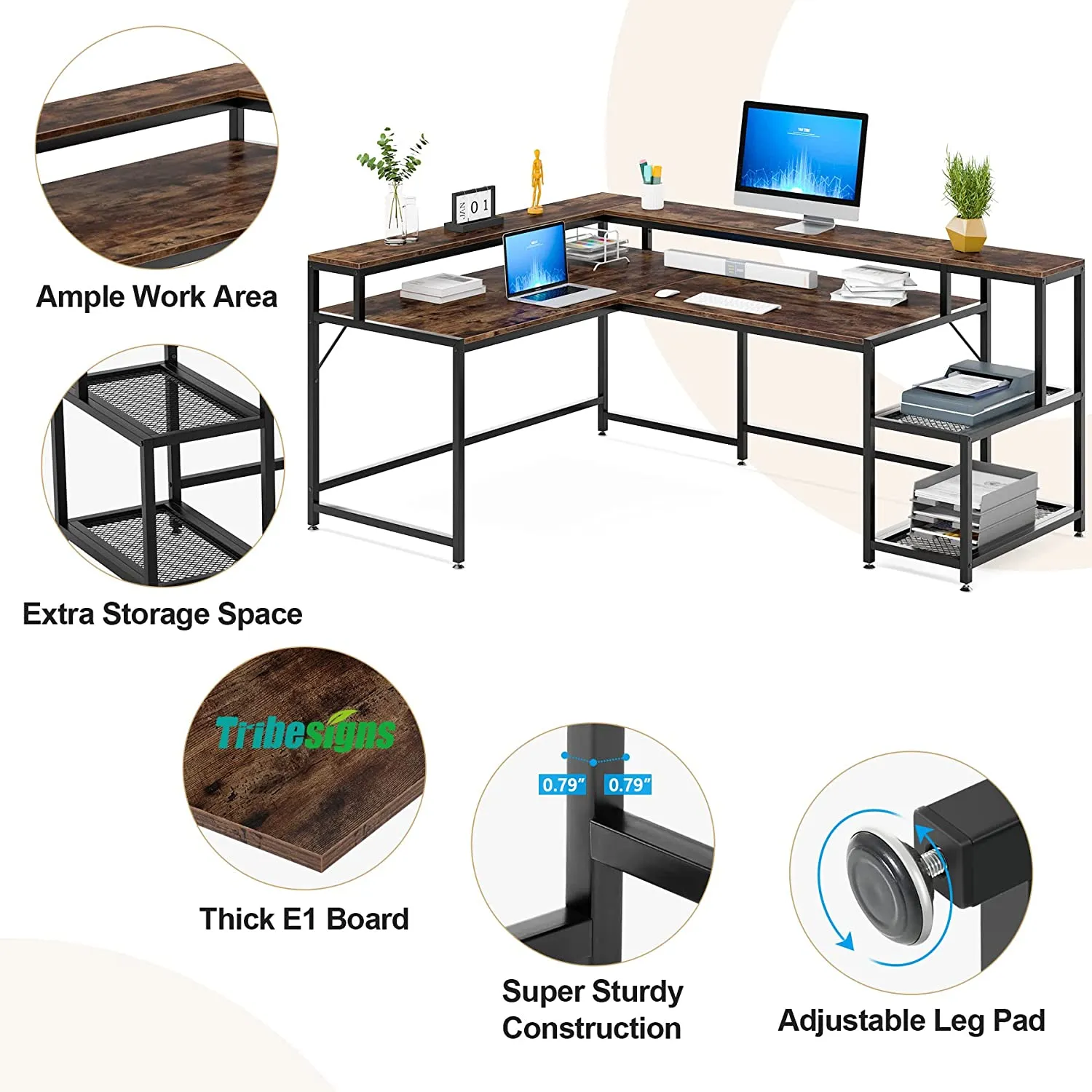 Reversible L-Shaped Desk, 69" Corner Desk with Monitor Stand & Shelves