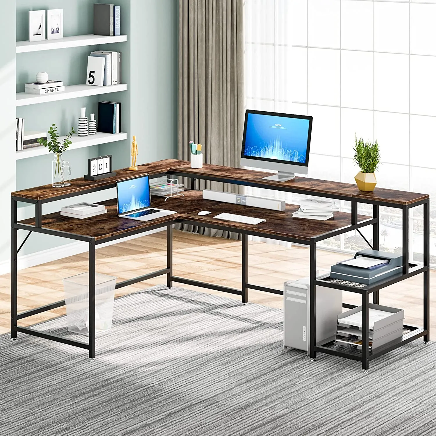 Reversible L-Shaped Desk, 69" Corner Desk with Monitor Stand & Shelves