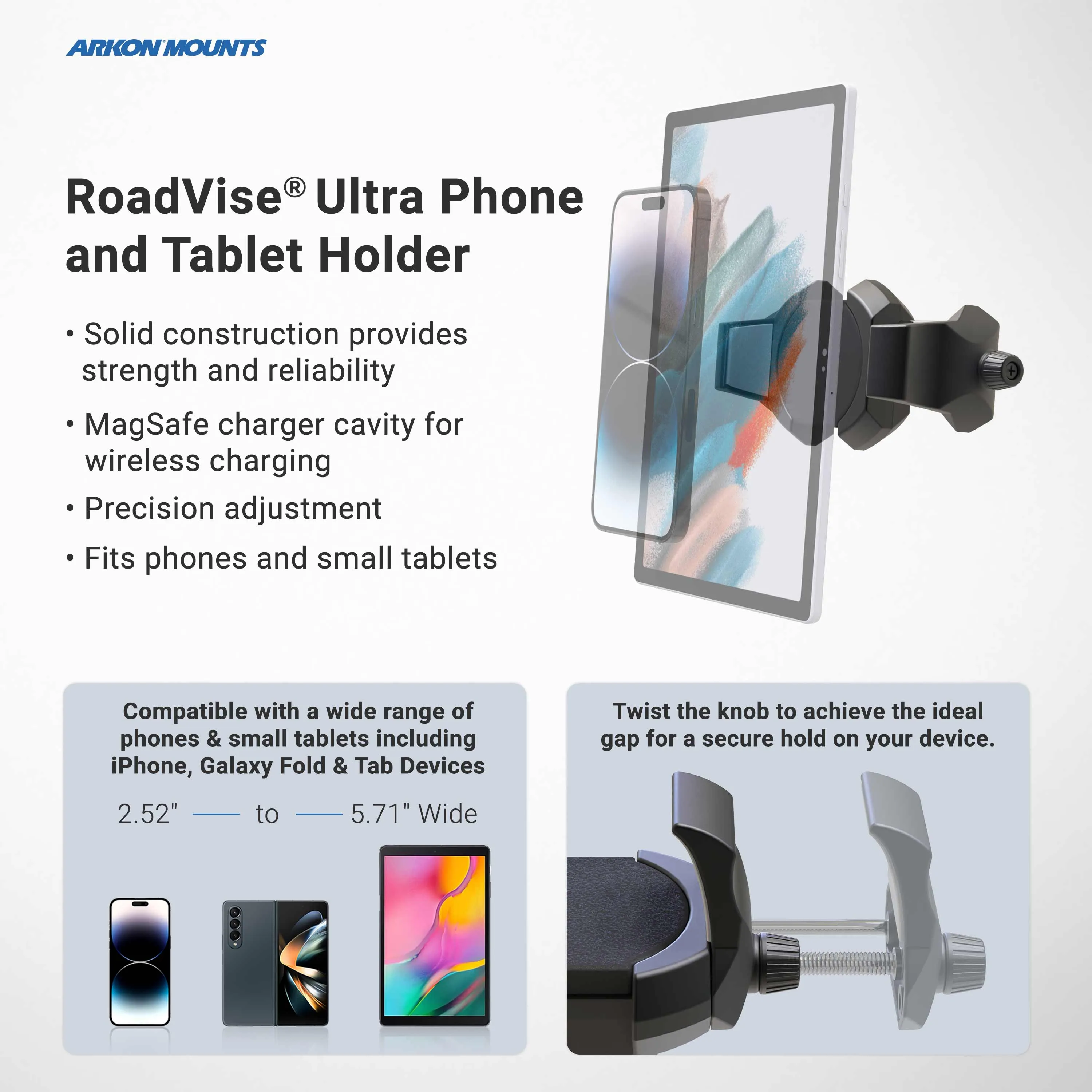 RoadVise® Ultra Phone and Tablet Holder with Adhesive Base and 2” Shaft Arm