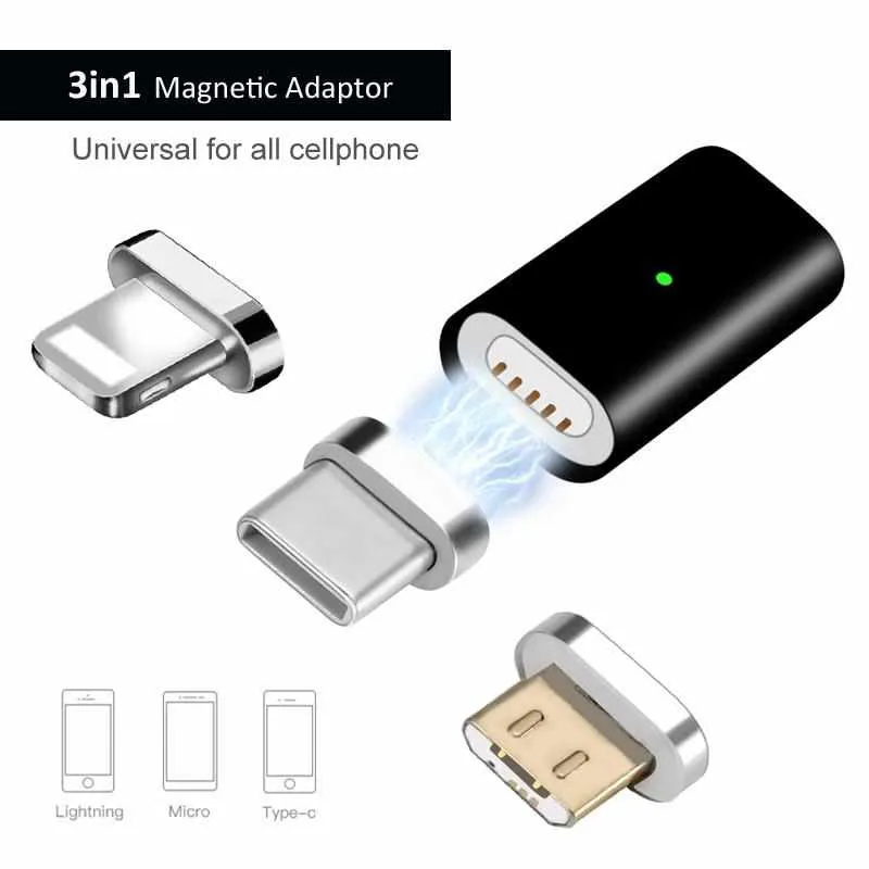 Universal 3in1 Magnetic USB Adapter Charging & Data Sync for Smartphone and Tablets with Micro-USB, Type-C and iPhone Interface